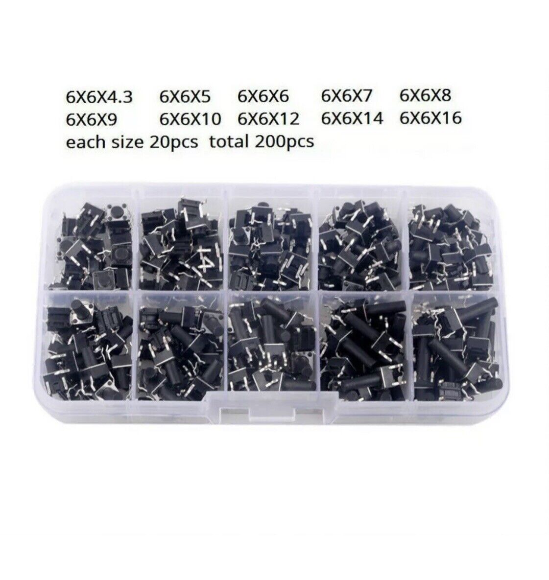 200pcs 6x6 Momentary Push Button Switch 10 Value Tactile Micro Switches Inc Box