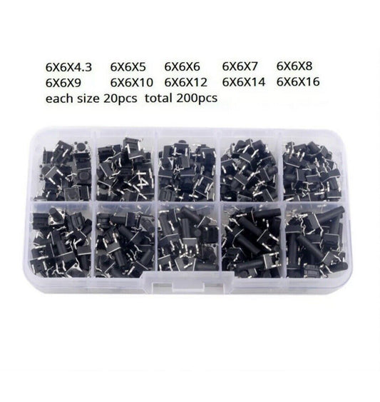 200pcs 6x6 Momentary Push Button Switch 10 Value Tactile Micro Switches Inc Box