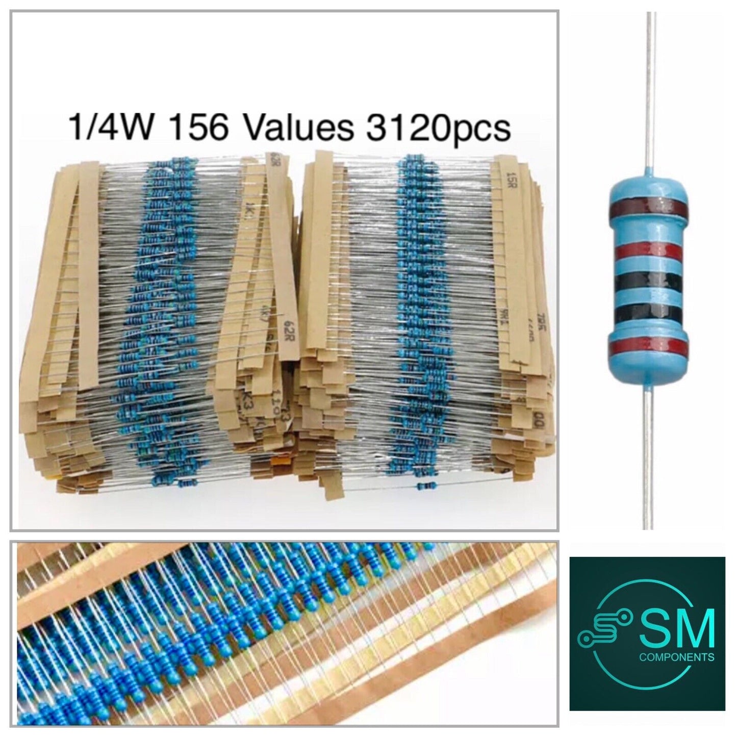 3120PCS 1/4W Metal Film Resistors 1Ω-10MΩ 156 Values 1% for DIY KITS Projects