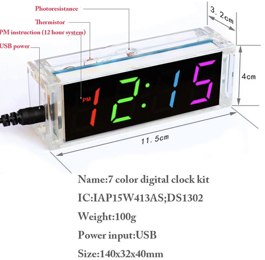 4-digit DIY Electronic Digital LED Clock Kit Alarm RGB Auto Display Time Temp