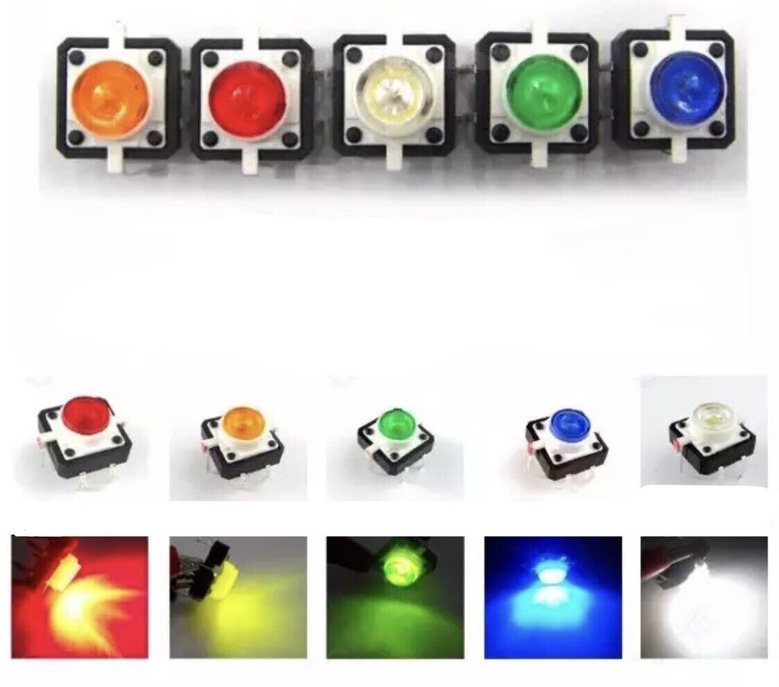 10PCS Mix 5 Colours 12X12X7.3 Illuminated Tactile Push Button Switch Momentary