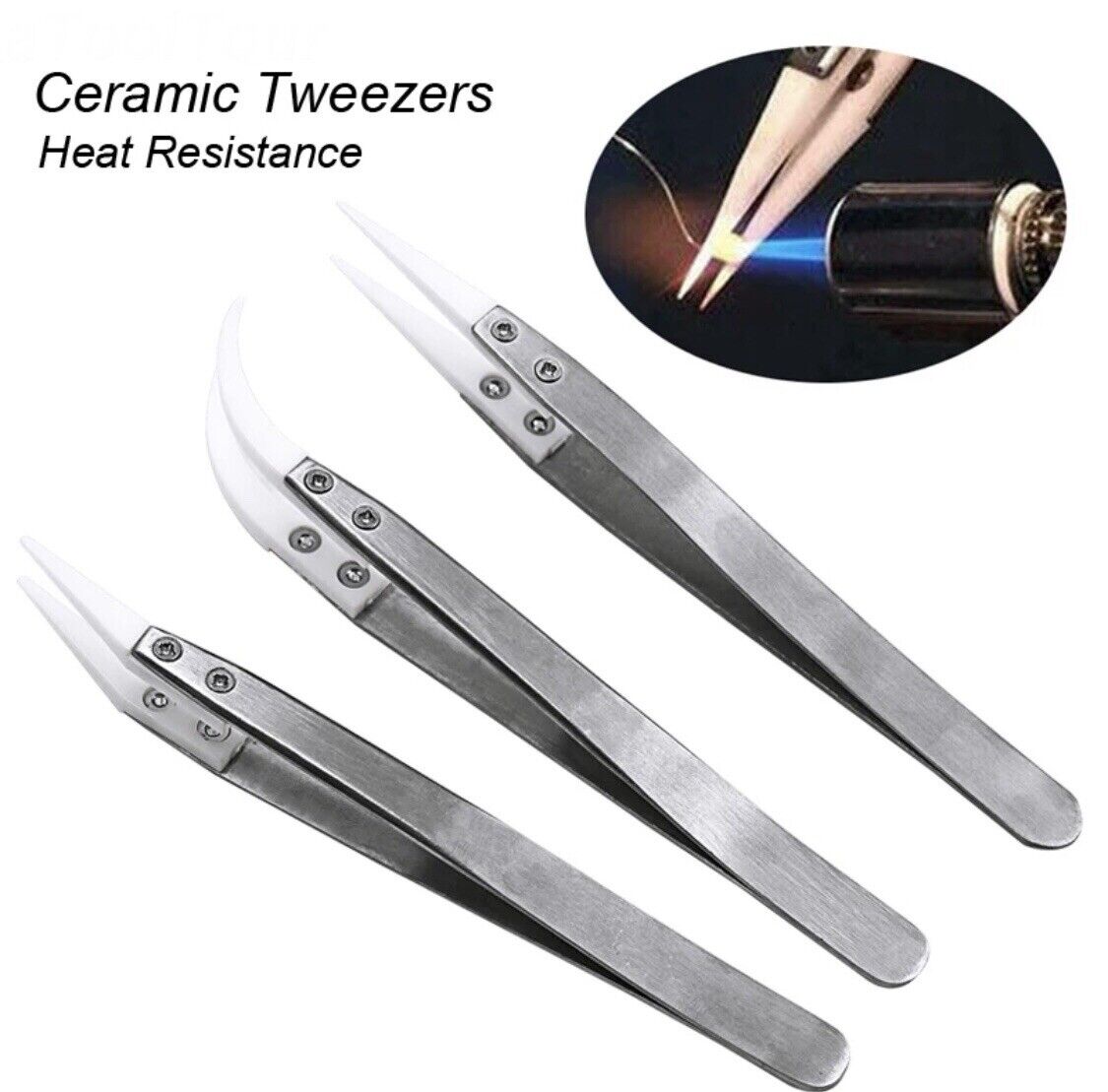 Ceramic Tip Full Set 3 Piece ESD Safe Electronics Tweezers Soldering STAINLESS