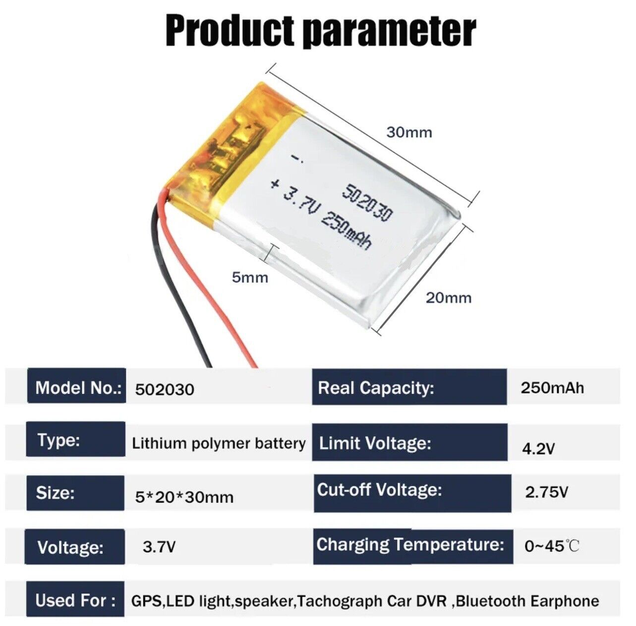 1 X Polymer Lithium Ion Battery LiPo 250mA 3.7V 502030 5X20X30 Inc Protection