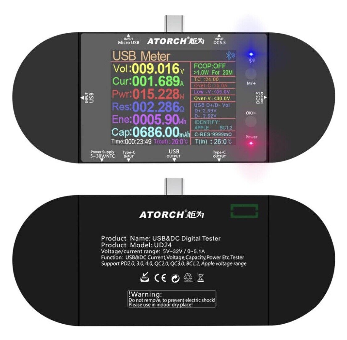 UD24 DC5.5 USB tester Type-C digital voltmeter ammeter power bank Watt Meter