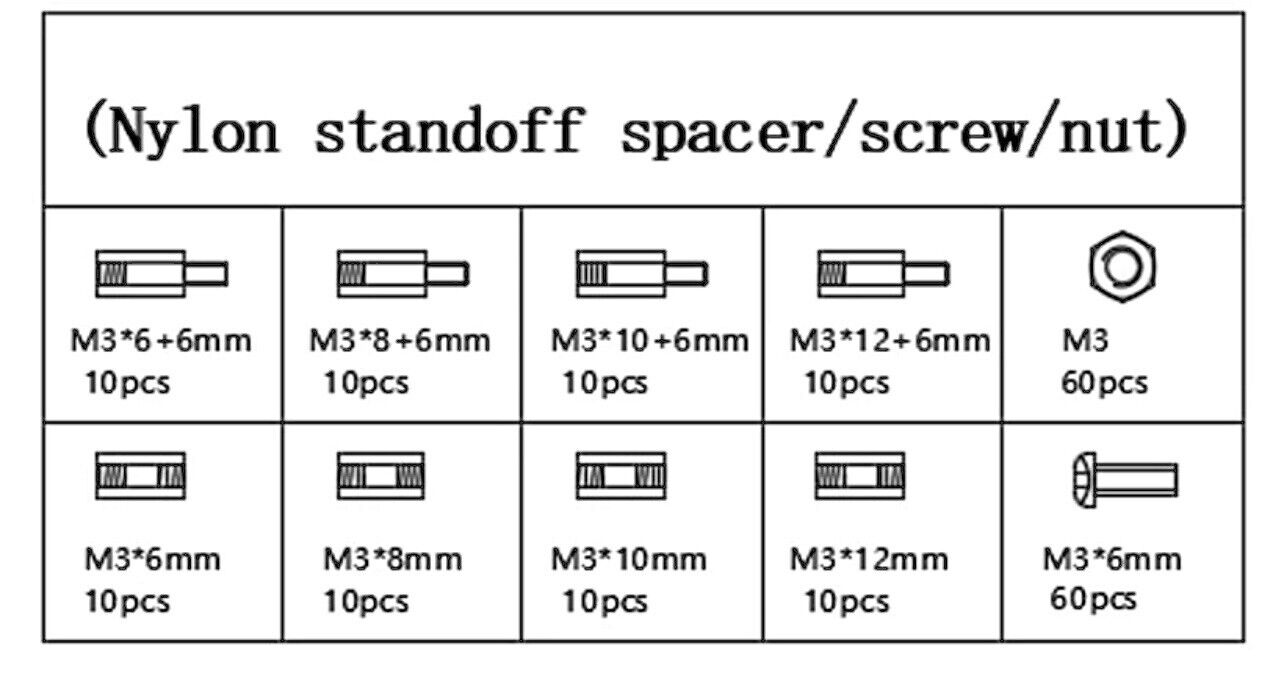 200pcs WHITE M3 Male Female Spacer Nylon Hex Screw Standoffs Nut Kit Inc Case