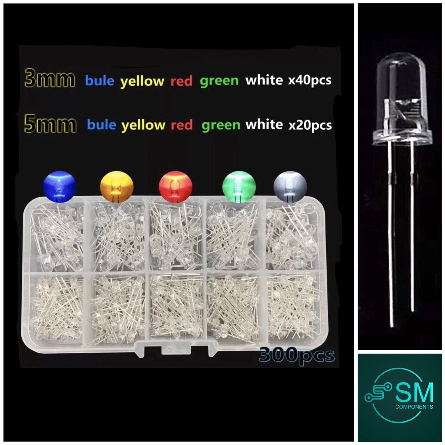 300pcs 3mm & 5mm LED Diodes Clear Assorted Blue Red Yellow Green White DIY Kit