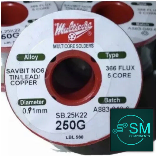 1 X 250gms Multicore Solder, Savbit 6 Tin/lead/copper  366 5 Core Solder 0.91mm