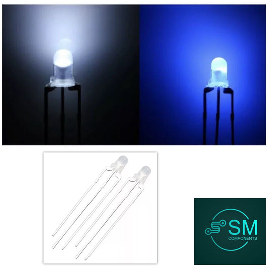 100PCS LED 3mm BLUE-WHITE 3-Pin Dual Bi-Color Diffused Common Cathode Diode DIY