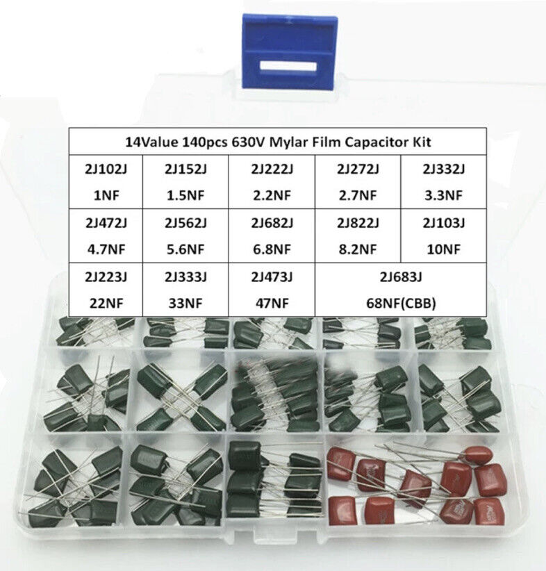 140pcs 630 volt 14 Values Mylar Polyester Film Capacitor Assortment Kit 1NF-68NF