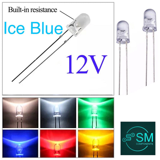 100PCS 5mm ICE BLUE LEDS 4-12 VDC Light Emitting Diode Round Clear NO RESISTOR