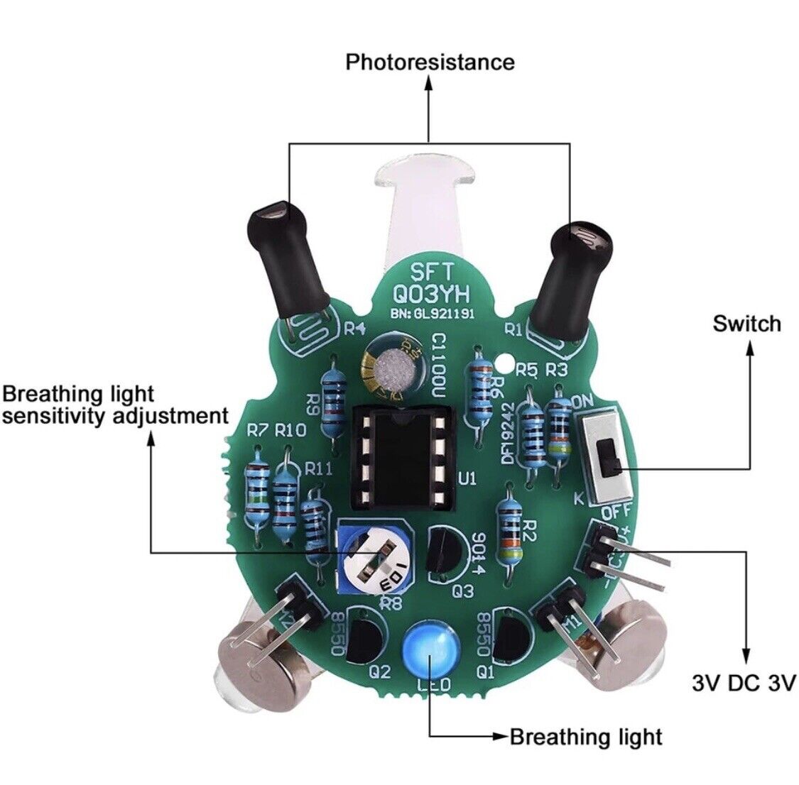 DIY Photosensitive Robot Firefly Kit LED Breathing Light Soldering Light Active