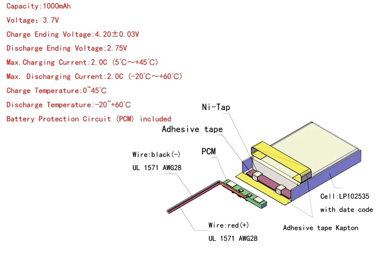 1 X Polymer Lithium Ion Battery LiPo 1000mAh 3.7V 102535 10x25x35 Inc Protection