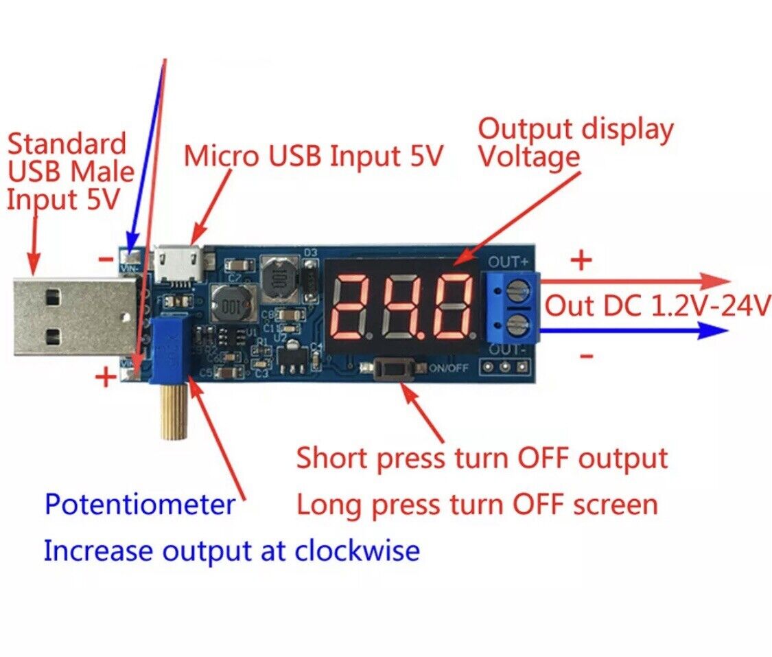 2PCS DC 3.5-12V - DC 1.2-24V DC-DC USB Step UP/Down Adjustable Power Supply Unit