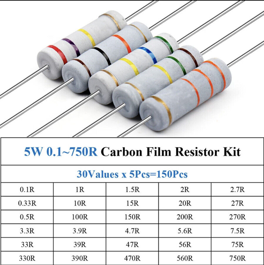 150PCS 5 Watt Carbon Film Resistor Kit 30 Value 5% Precision 0.1-750Ω DIY