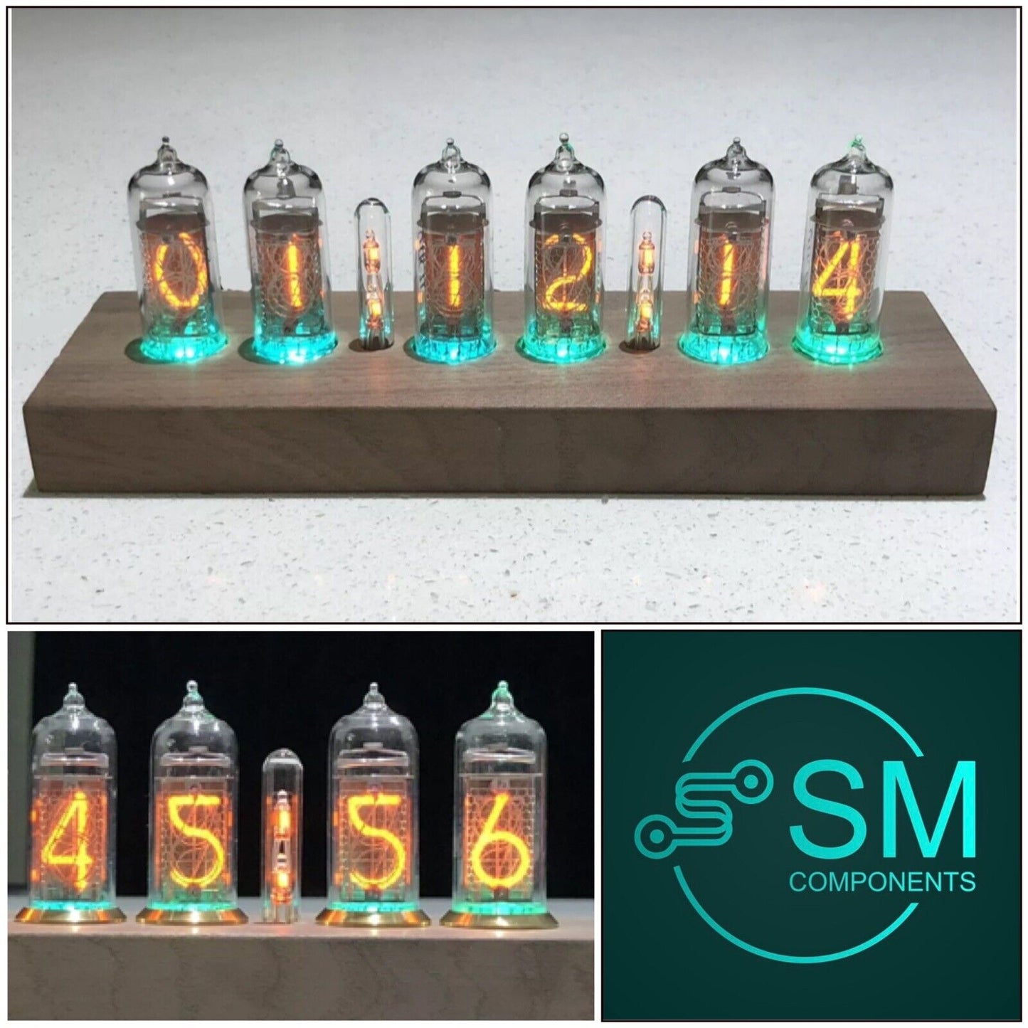 IN-14 Nixie tube Clock and Walnut Base Brass Rings Includes 6 Spare IN-14 Tubes