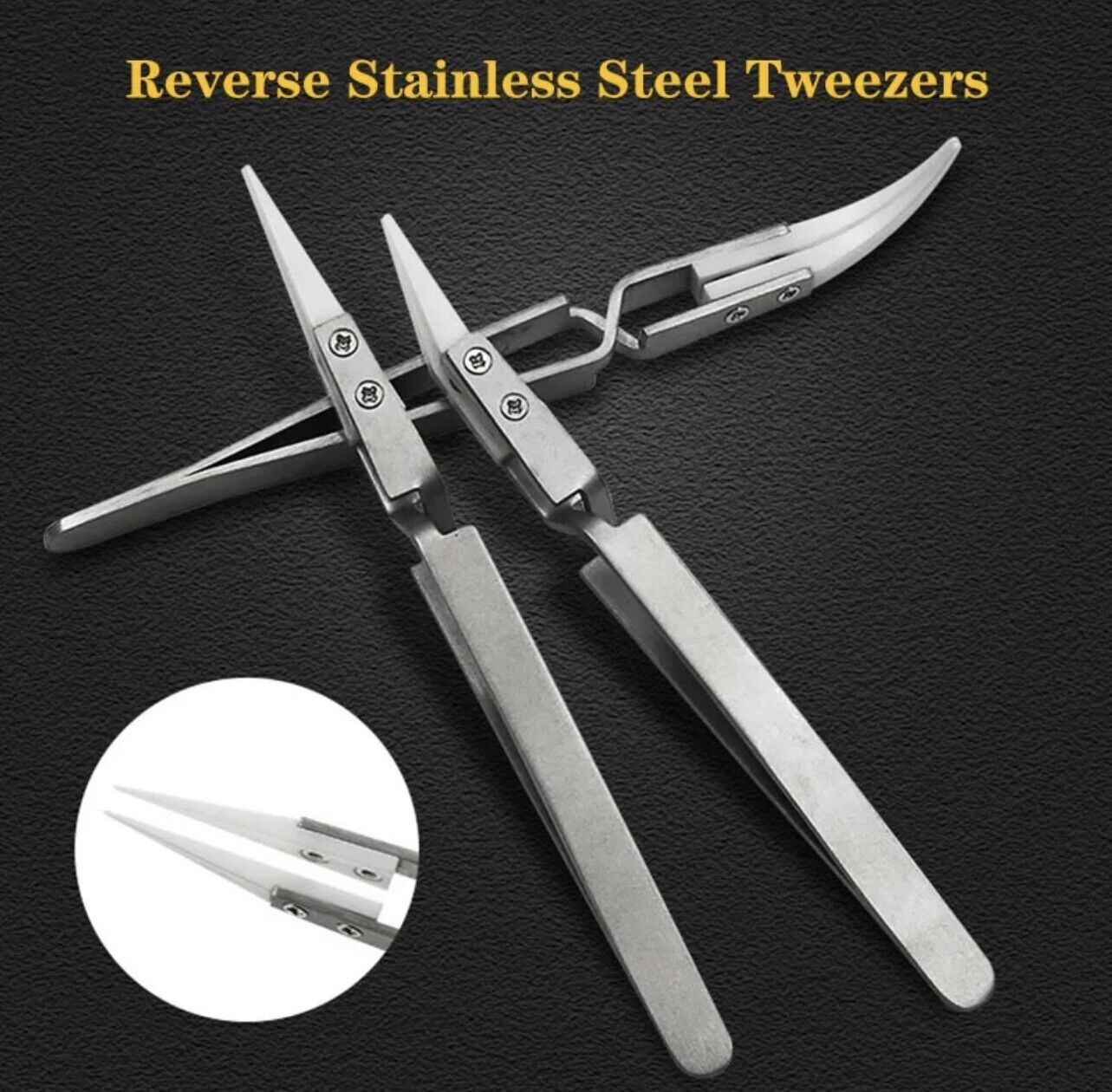 Full Set 3 Piece STAINLESS REVERSE Ceramic tipped ESD Safe Electronics Tweezers