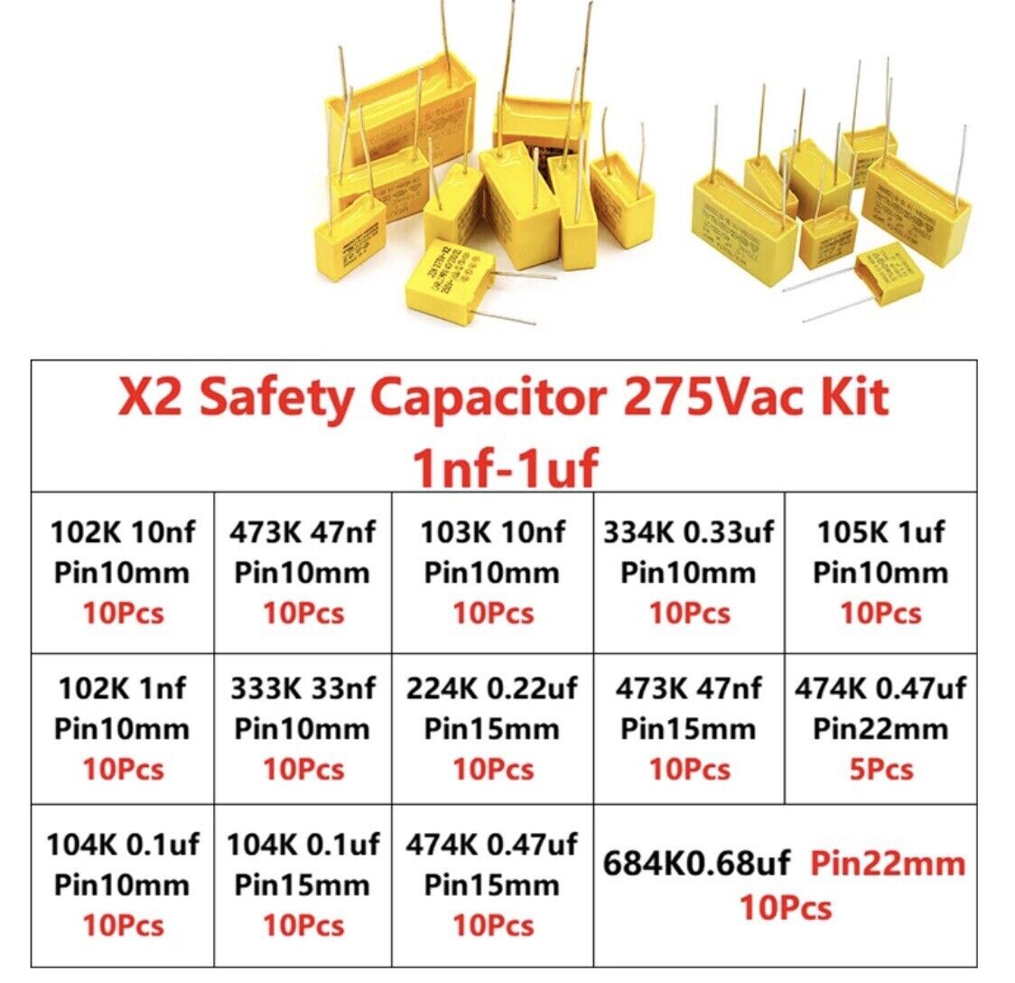 135PCS 14values X2 Safety Capacitor 275VAC 102K-105K 1NF~1UF Assorted Kit