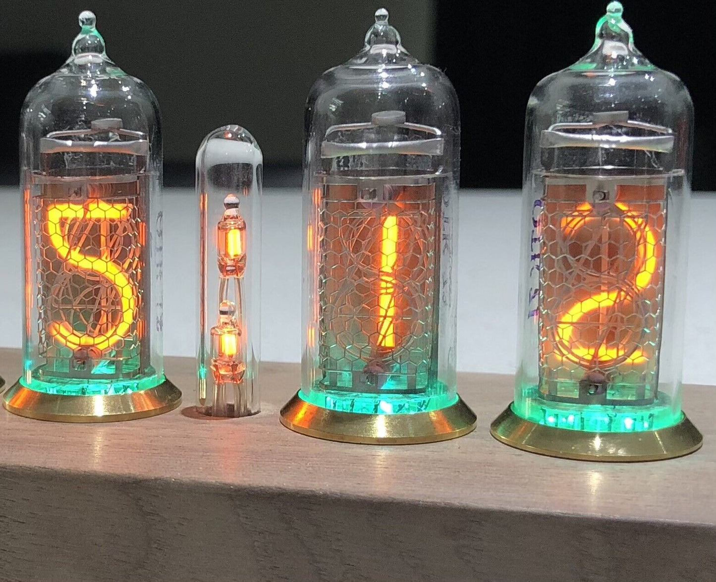 IN-14 Nixie tube Clock and Walnut Base Brass Rings Includes 6 Spare IN-14 Tubes