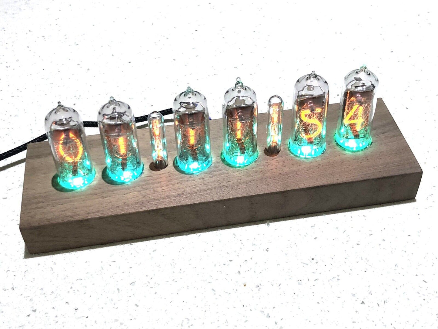 IN-14 Nixie tube Clock and Walnut Base Brass Rings Includes 6 Spare IN-14 Tubes