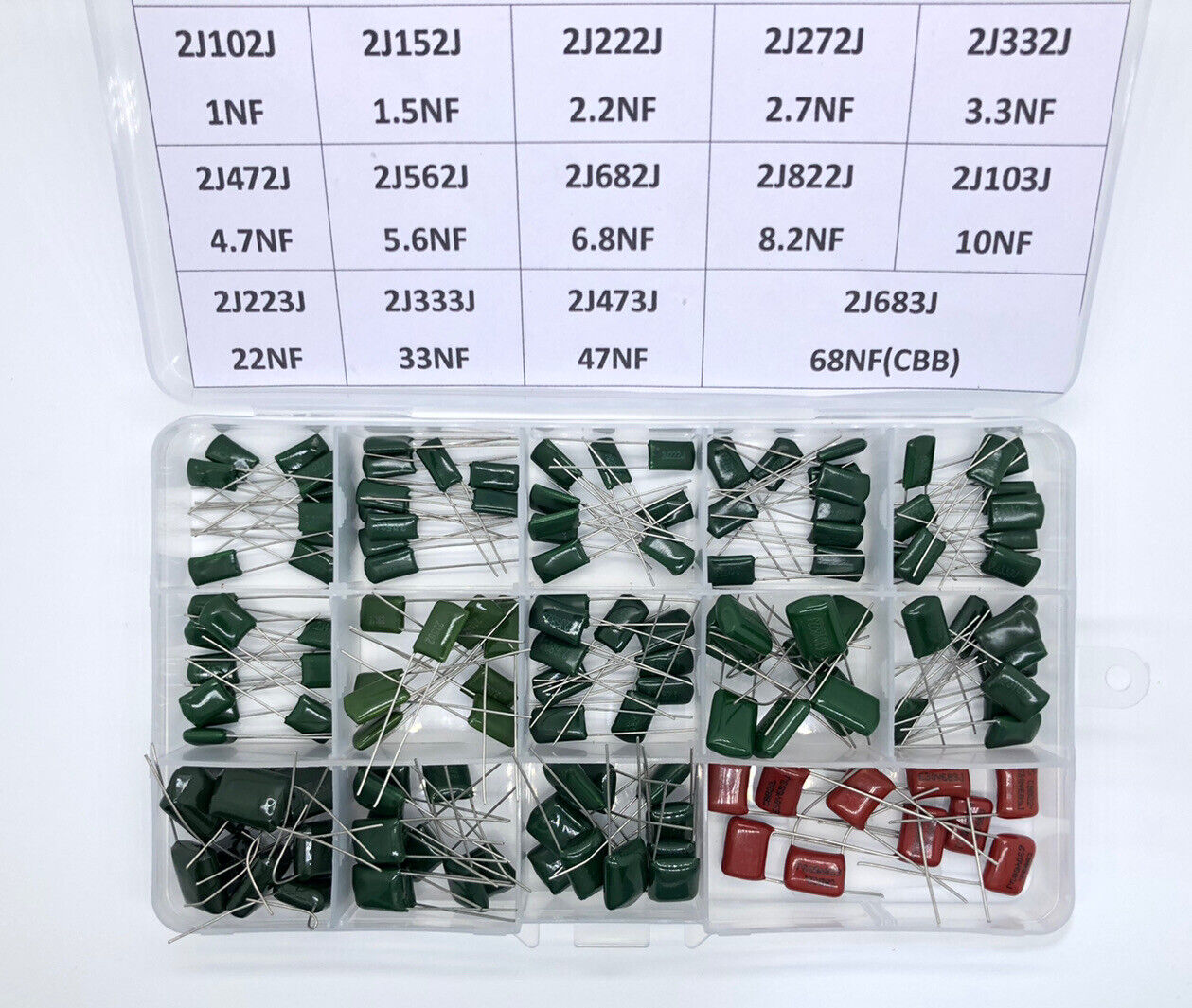 140pcs 630 volt 14 Values Mylar Polyester Film Capacitor Assortment Kit 1NF-68NF