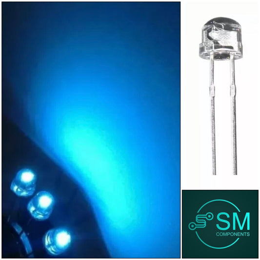 5mm Ice Blue Cyan Led  Light Emitting Diode Straw Hat 100pcs Clear Top 490nm