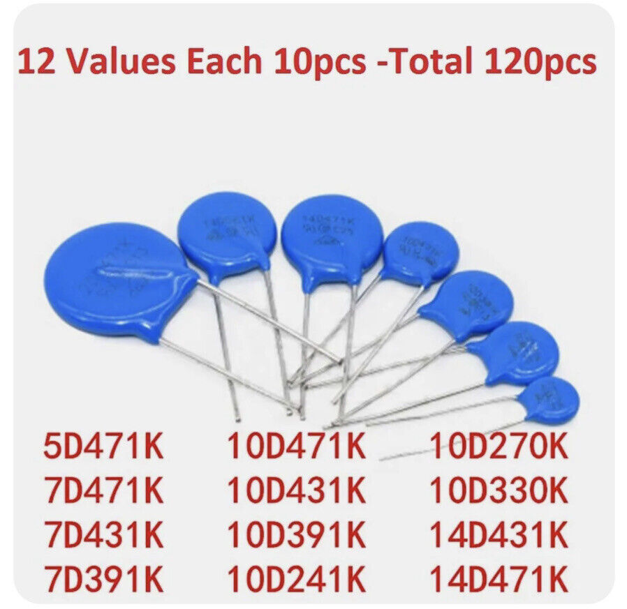 120pc Metal Oxide Varistor Kit 5D471K to 14D471K 12 Values X 10pcs Each 120PCS