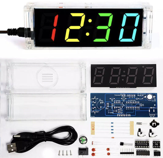 4-digit DIY Electronic Digital LED Clock Kit Alarm RGB Auto Display Time Temp