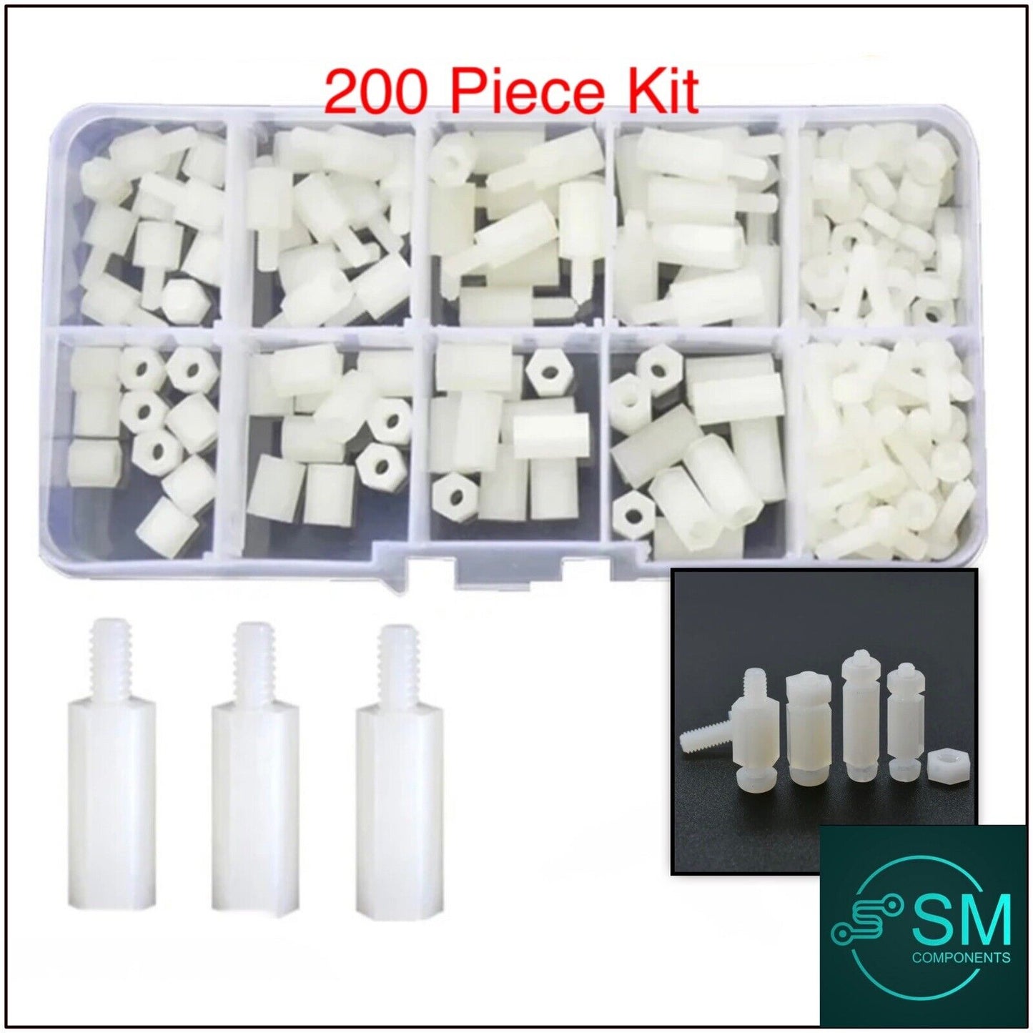 200pcs WHITE M3 Male Female Spacer Nylon Hex Screw Standoffs Nut Kit Inc Case