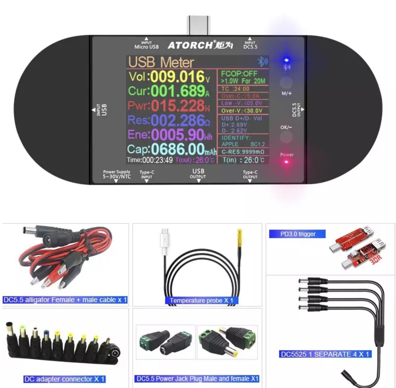 ATORCH UD24 USB Voltmeter Voltage Current Meter DC Digital Tester 2.4" Full Kit